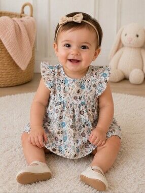Floral Kids Dress Ruffle Sleeves Button Back 6M
